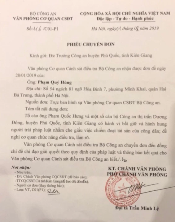 Văn phòng Cơ quan CSĐT Bộ Công an cũng đã có CV chuyển đơn của ông Hùng đến CA huyện Phú Quốc để giải quyết.