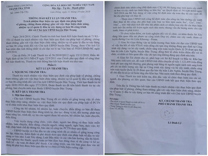 Thông báo kết luận thanh tra chỉ ra nhiều sai phạm của Chủ tịch UBND huyện Đức Trọng (ảnh VH).