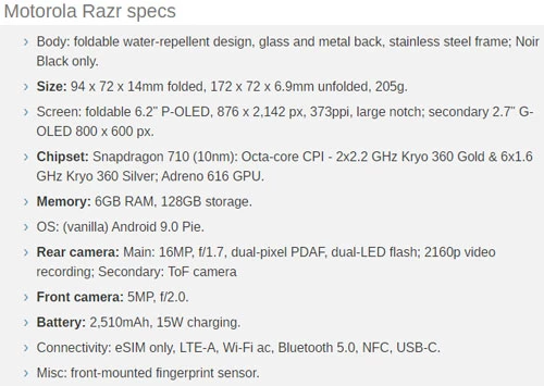 Thông số kỹ thuật của Motorola Razr. 