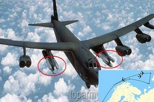 Một chiếc máy bay B-52G của Mỹ mang tên lửa hành trình AGM-86B và đường bay của B-52 Mỹ ở biển Barents