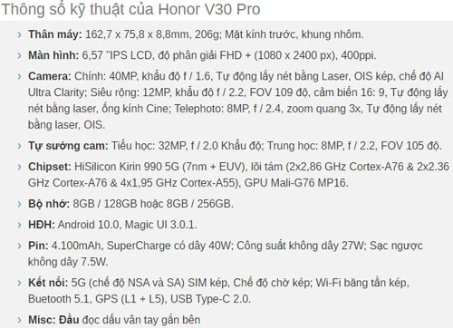 Cấu hình của Honor V30 Pro.