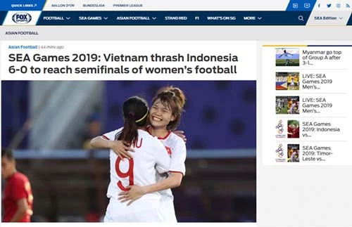 Trang Fox Sports đưa tin thành tích của tuyển nữ Việt Nam tại SEA Games 30. Ảnh chụp màn hình.