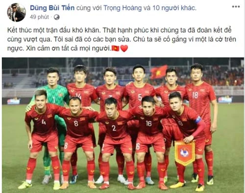 Bài đăng của thủ môn Bùi Tiến Dũng trên facebook. Ảnh chụp màn hình.