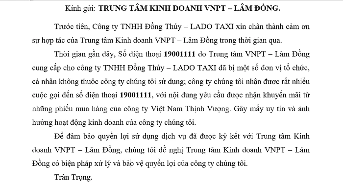 Công văn của Taxi Lado gửi ngành chức năng (Ảnh: VH)