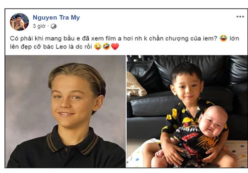 Gần đây, Trà My Idol hài hước chia sẻ vì xem nhiều phim của Leonardo DiCaprio trong lúc mang bầu nên bé Gia Huy có nét giống tài tử này.