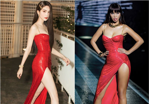 Ngọc Trinh "đụng hàng" váy cúp ngực, xẻ tà cao ngất với Hà Anh: Ai gợi cảm hơn?
