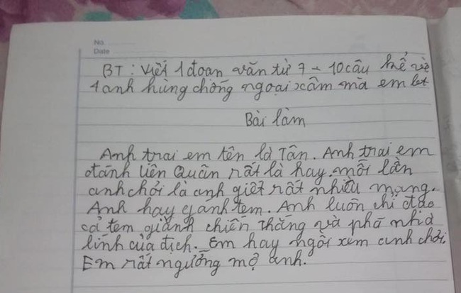 Bài văn tả "anh hùng chống ngoại xâm" của cậu bé khiến dân tình cười sằng sặc, lý do vì nhân vật không ai ngờ
