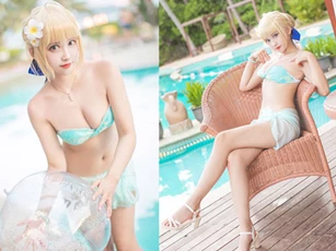 Ngắm nàng Saber xinh đẹp trong Fate/Stay Night diện bikini xanh ngọc tôn lên nước da trắng ngần