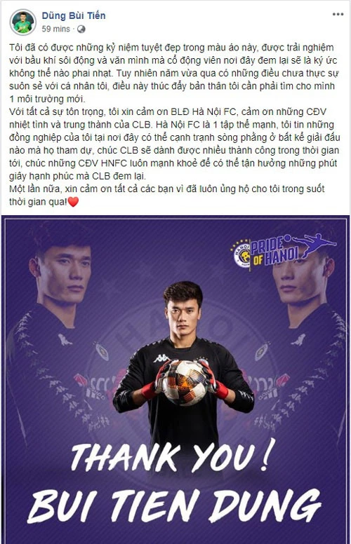 Thủ môn Bùi Tiến Dũng nói lời cảm ơn người hâm mộ và câu lạc bộ Hà Nội FC