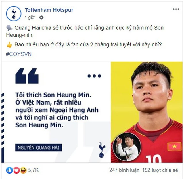 Tottenham Hotspur đăng bức ảnh Quang Hải kèm phát biểu của tiền vệ này về Son Heung Min.