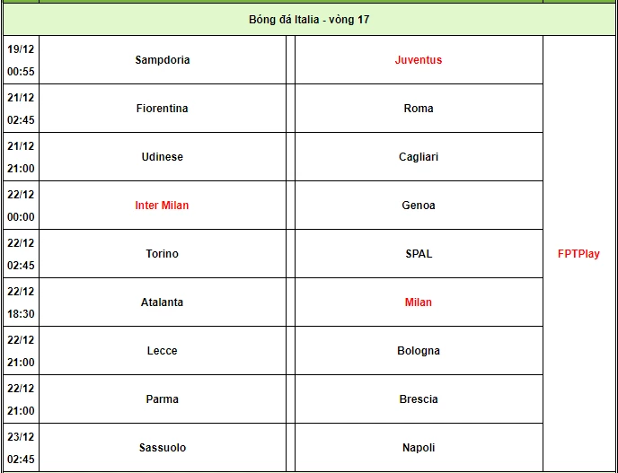 Lịch phát sóng Serie A. Ảnh: 24h