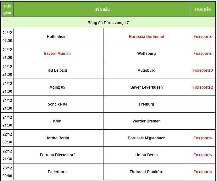 Lịch phát sóng Bundesliga. Ảnh: 24h