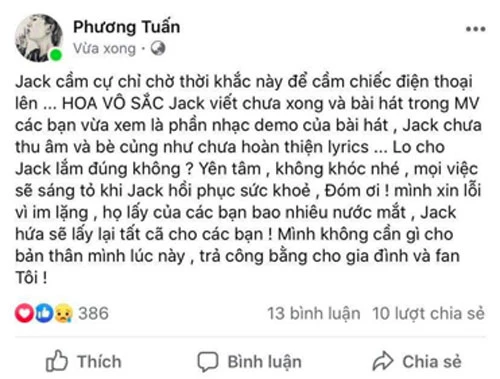 Dòng chia sẻ mới nhất của Jack trên trang cá nhân.