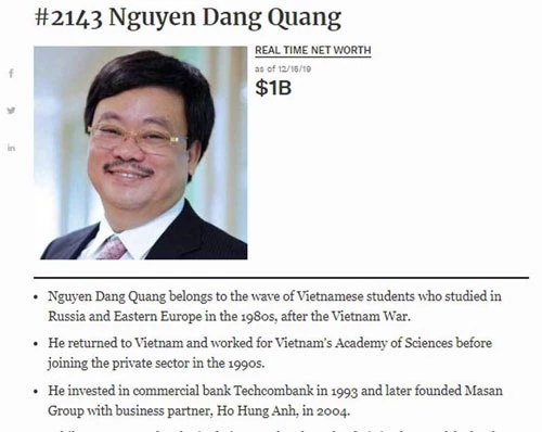 Ông Nguyễn Đăng Quang trở lại danh sách tỷ phú USD.