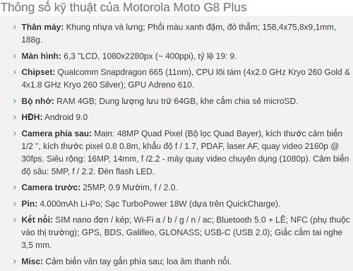 Thông số kỹ thuật của Motorola G8 Plus.