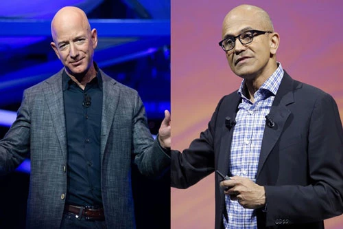 CEO của Amazon, Jeff Bezos (ảnh trái) và CEO Microsoft Satya Nadella - Ảnh: AP/Getty Images.