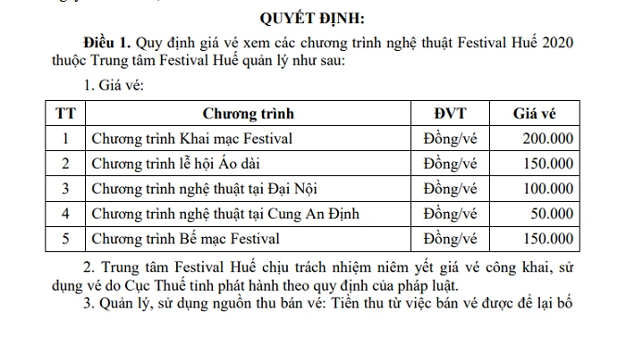 Giá vé xem các chương trình nghệ thuật tại Festival Huế 2020