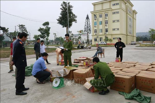 Pháo nổ vận chuyển trái phép bị cơ quan chức năng tỉnh Yên Bái bắt giữ. (Ảnh: TTXVN)
