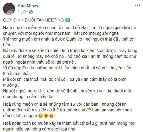 Sau khi dính nghi án ở ẩn sinh con, Hòa Minzy bắt đầu chiến dịch trở lại Vpop với việc tổ chức off fan khắp 3 miền. Tuy nhiên, ngay khi thông báo rằng người tham dự không được quay phim, chụp hình và livestream (nếu vi phạm quá 2 lần sẽ bị mời ra khỏi khu vực tổ chức) và mọi hình ảnh đều do phía nữ ca sĩ sinh năm 1995 phụ trách, nhiều người đã cảm thấy khó hiểu.