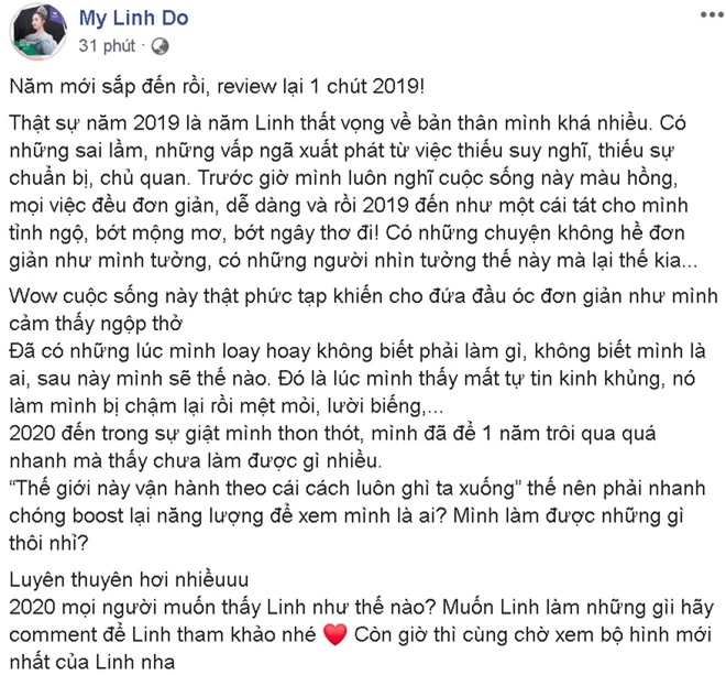 Đỗ Mỹ Linh trải lòng về năm 2019 với đầy sự thất vọng về bản thân.