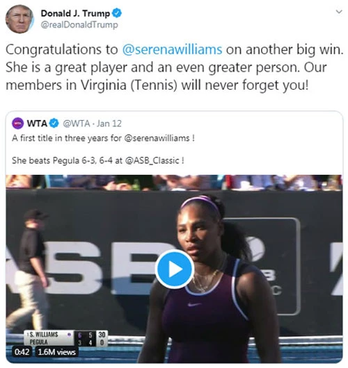 Tổng thống Mỹ Donald Trump chúc mừng Serena trên mạng xã hội.