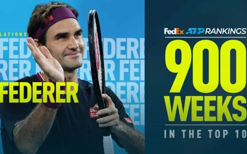 Federer trở thành tay vợt đầu tiên trong lịch sử có 900 tuần góp mặt trong top 10.