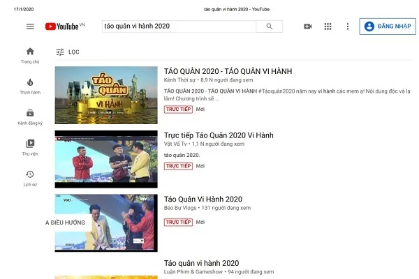 Rất nhiều kênh YouTube phát trực tiếp Táo quân vi hành 2020 hôm 23 tháng Chạp.