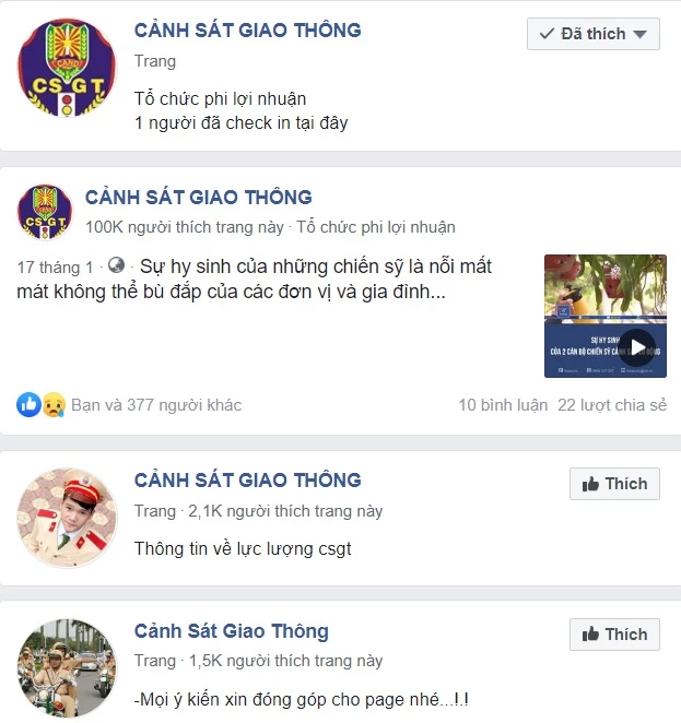 Một loạt các Fanpage mạo danh Cảnh sát giao thông trên Facebook.