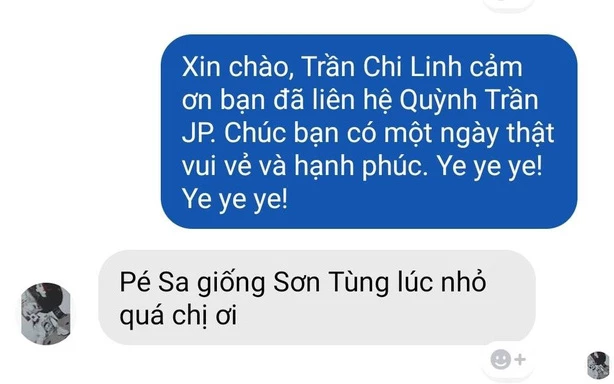 Một người yêu mến nữ vlogger Quỳnh Trần JP đã gửi ảnh so sánh giữa nam ca sĩ Sơn Tùng M-TP và bé Sa, cho rằng cả hai có nét tương đồng nhau trên khuôn mặt.
