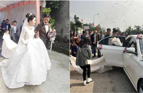 Chú rể Phan Văn Đức bẽn lẽn tới đón dâu, váy cô dâu Nhật Linh quá dài nên... chui vào xe không vừa