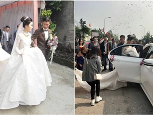 Chú rể Phan Văn Đức bẽn lẽn tới đón dâu, váy cô dâu Nhật Linh quá dài nên... chui vào xe không vừa