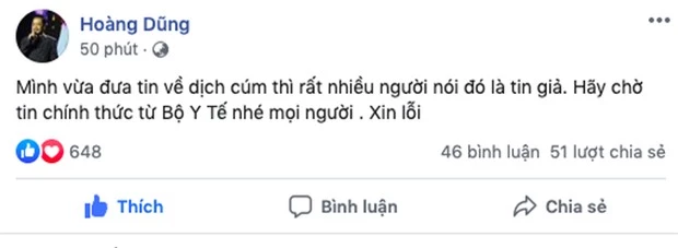 Ngay sau khi nhận được phản ứng trái chiều từ cư dân mạng, NSND Hoàng Dũng đã chính thức đưa ra lời xin lỗi về việc đưa tin chưa được kiểm chứng về dịch cúm Corona