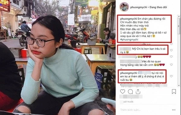 Phương Mỹ Chi gây xôn xao khi đăng tải hình ảnh ngồi suy tư kèm dòng trạng thái: "Em chán yêu đương rồi, chỉ muốn độc thân thôi. Hồn nhiên như mây trôi, độc thân đâu có tồi... Một vài câu gửi đám bạn, đừng có bồ rồi cứ xoay qua xỉa xói tôi nhá... kệ tôi". Phương Mỹ Chi gây xôn xao khi đăng tải hình ảnh ngồi suy tư kèm dòng trạng thái: "Em chán yêu đương rồi, chỉ muốn độc thân thôi. Hồn nhiên như mây trôi, độc thân đâu có tồi... Một vài câu gửi đám bạn, đừng có bồ rồi cứ xoay qua xỉa xói tôi nhá... kệ tôi".