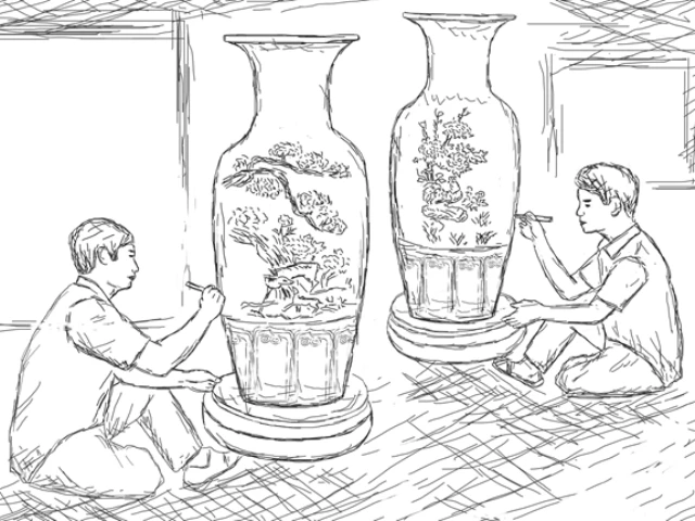 Lộc bình gốm Chu Đậu được những người thợ thủ công tài hoa chế tác.