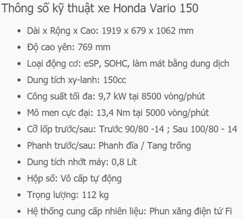 Thông số kỹ thuật của Honda Vario 150.