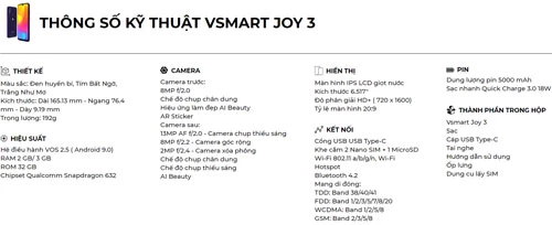 Thông số kỹ thuật của Vsmart Joy 3.