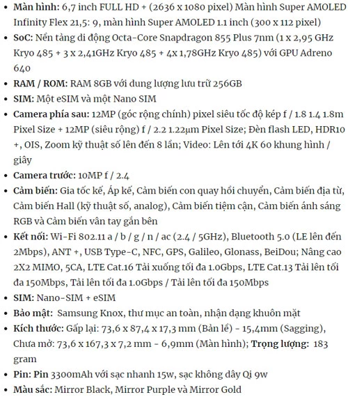 Thông số kỹ thuật của Samsung Galaxy Z Flip. 