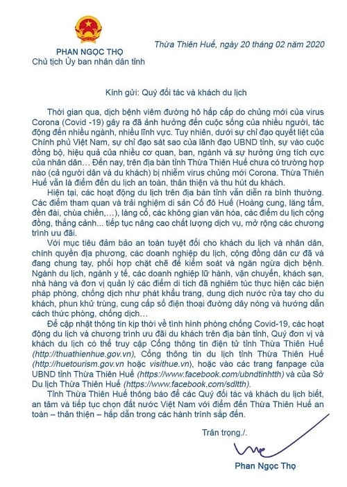 Chủ tịch Thừa Thiên Huế gửi “tâm thư” đến du khách trong mùa Covid-19
