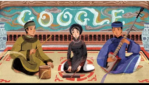 Biểu tượng đặc biệt về ca trù được thay thế tạm thời cho biểu tượng Google trên trang chủ Google.com.vn trong 1 ngày 23/2. Ảnh: Google.