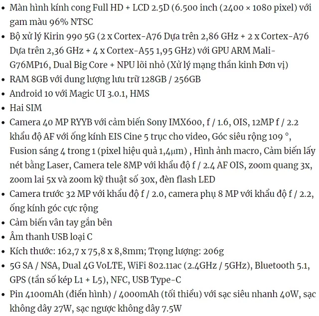 Thông số kỹ thuật của Honor View 30 Pro. 
