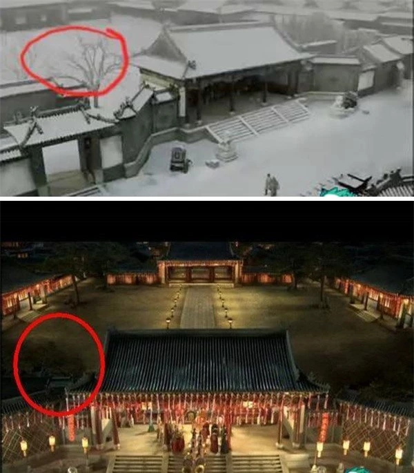 Cảnh nhà Gia Bảo Ngọc trong phim Tân Hồng lâu mộng, ban ngày có một cây khô nhưng về đêm thì biến mất
