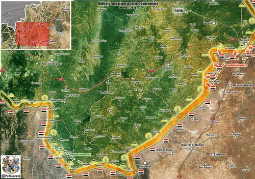 Bản đồ chiến sự ở Tây Bắc Idlib hôm 1/3 cho thấy Quân đội Syria đang tổ chức lại các cuộc tấn công vào Saraqib. Ảnh: South Front.
