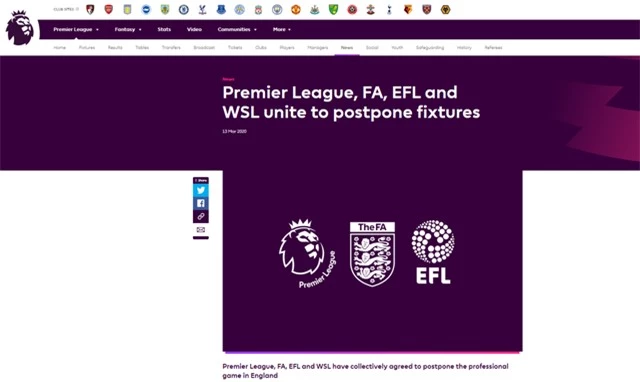 CHÍNH THỨC: Ngoại hạng Anh tạm hoãn vì COVID-19 - Ảnh 1.