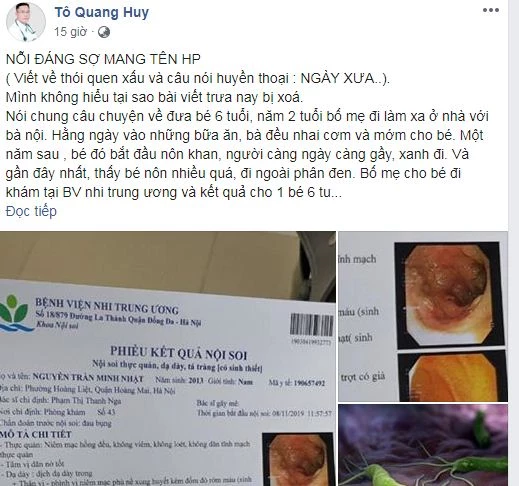 Bác sĩ Tô Quang Huy chia sẻ trường hợp bé trai 6 tuổi bị viêm loét toàn bộ niêm mạc dạ dày vì thói quen mớm cơm của bà nội.