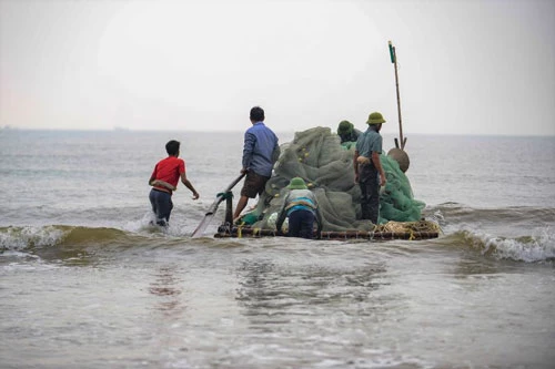 Những người dân ở nơi đây gọi công việc này là “kéo rùng”, một trong những nghề truyền thống của họ. Bè chở lưới chạy ra xa cách bờ khoảng 2 km thì họ bắt đầu thả lưới quây thành vòng cung.