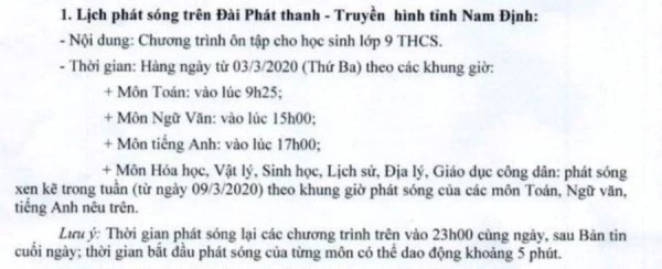 Lịch học trực tuyến tạị Nam Định.