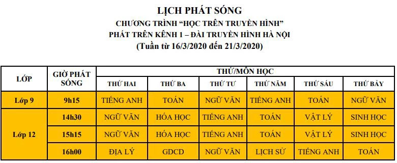 Lịch phát sóng chương trình học  trực tuyến tại Hà Nội.