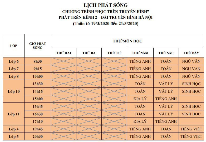 Lịch phát sóng chương trình học  trực tuyến tại Hà Nội.