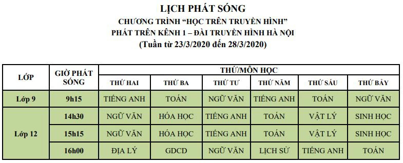 Lịch phát sóng chương trình học  trực tuyến tại Hà Nội.