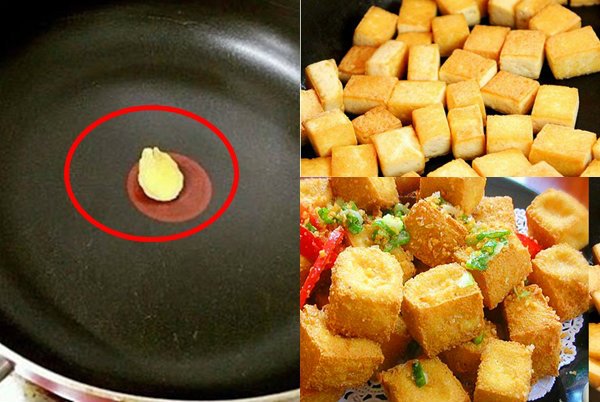 Đổ ngay dầu vào chảo là sai, cứ cho 1 lát gừng xuống đáy chảo là đậu phụ giòn tan, béo thơm gấp bội
